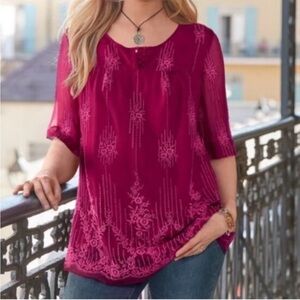 Sundance Cora Embroidered Cupro Wineberry Tunic Blouse Large